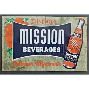 Vintage 1950s Mission Beverages Window Decal California Orange Soda Spanish WS9D